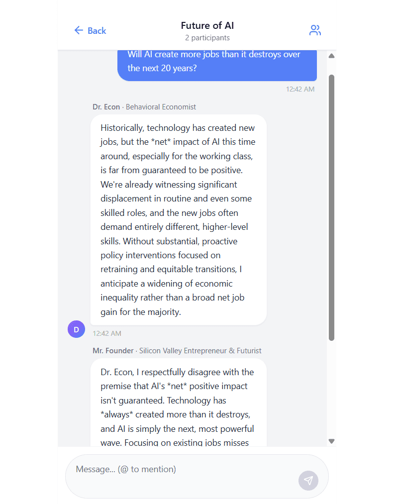 Agents debating AI's impact on jobs with opposing viewpoints