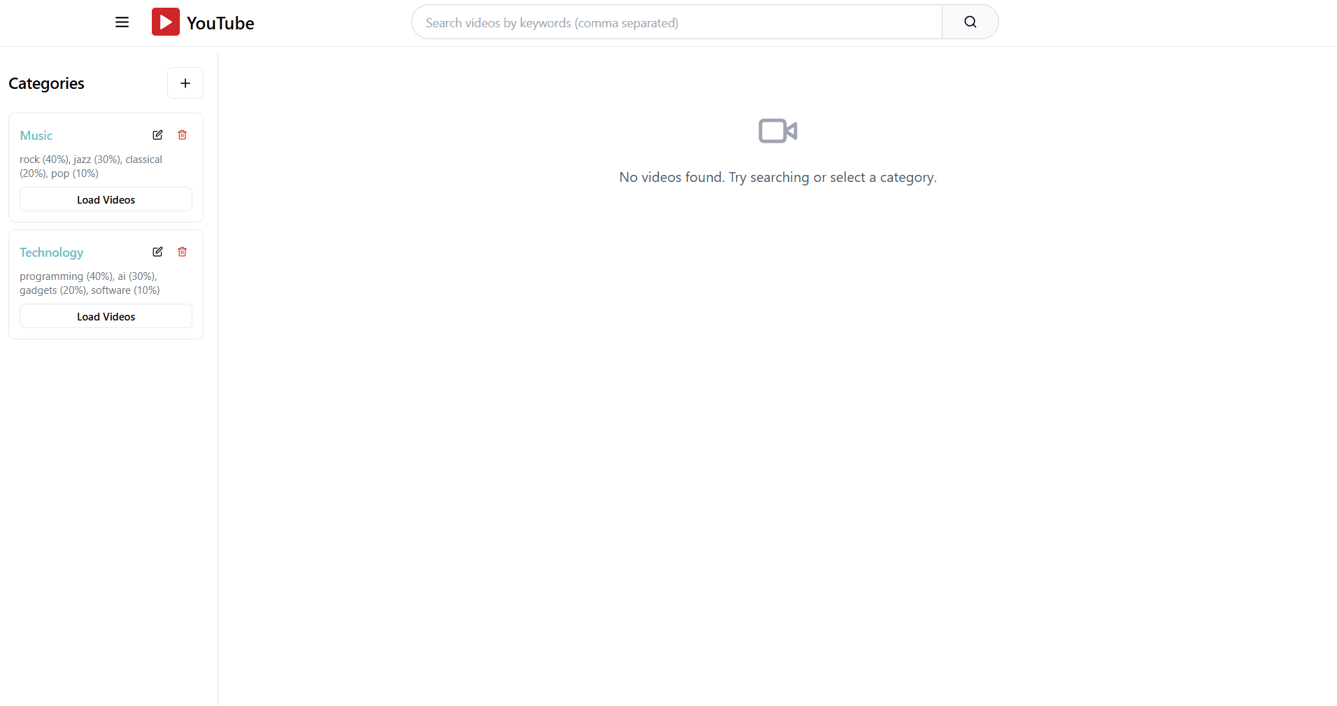 Home screen with categories sidebar and empty feed