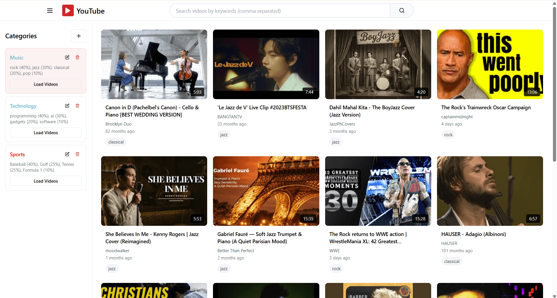 Music feed with jazz, classical, rock, and pop videos