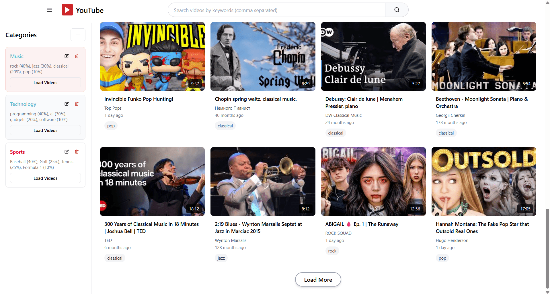 Music feed scrolled down with Load More button