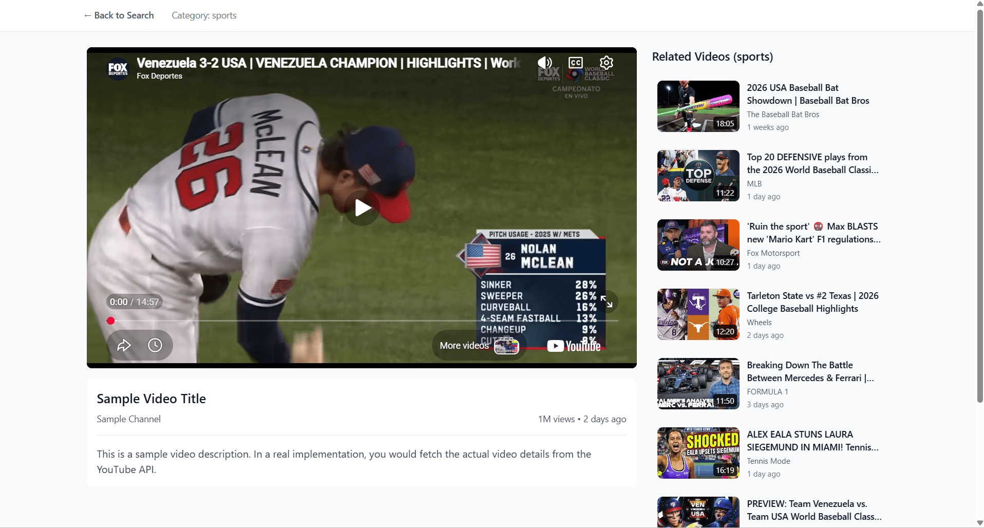 Video playback page with related sports videos sidebar