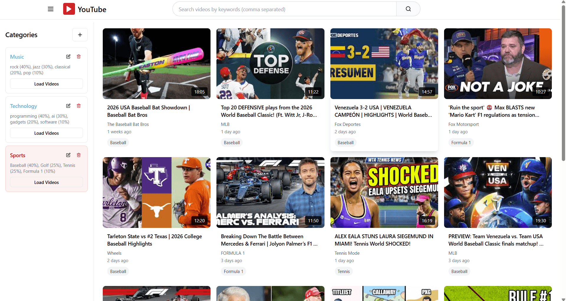 Sports feed showing baseball, F1, and tennis videos with keyword tags