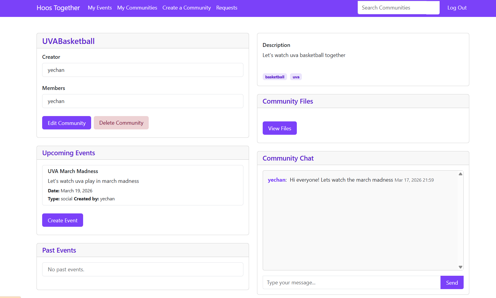 Community detail page showing members, events, files, and chat