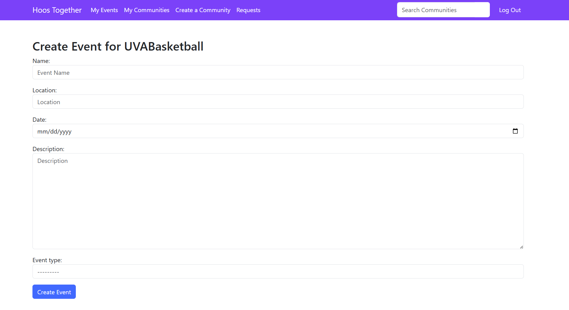Event creation form with name, location, date, and type fields